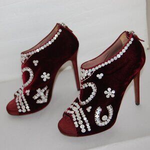 37.5/US7.5❤️ Tabitha Simmons ITALY Red Velvet Leather High Heels Pumps Boots